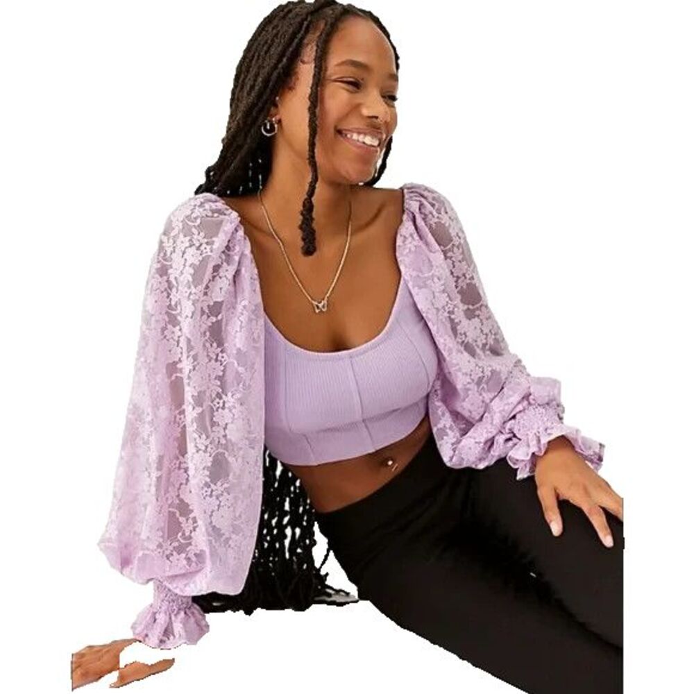 Urban Outfitters Purple Cynthia Lace Sleeve Crop Top Size L Coquette Feminine